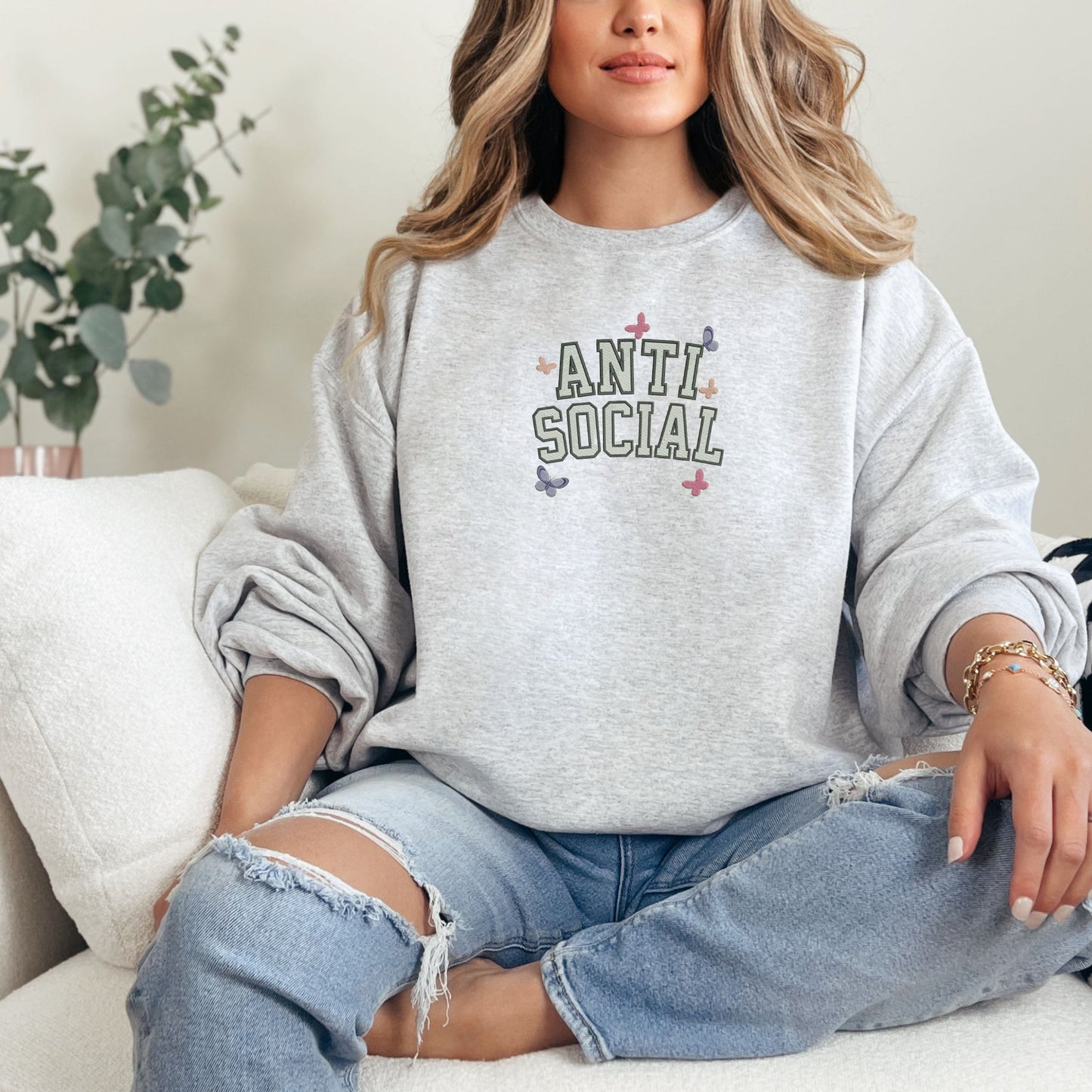 Anti Social Embroidery Grey Sweatshirt