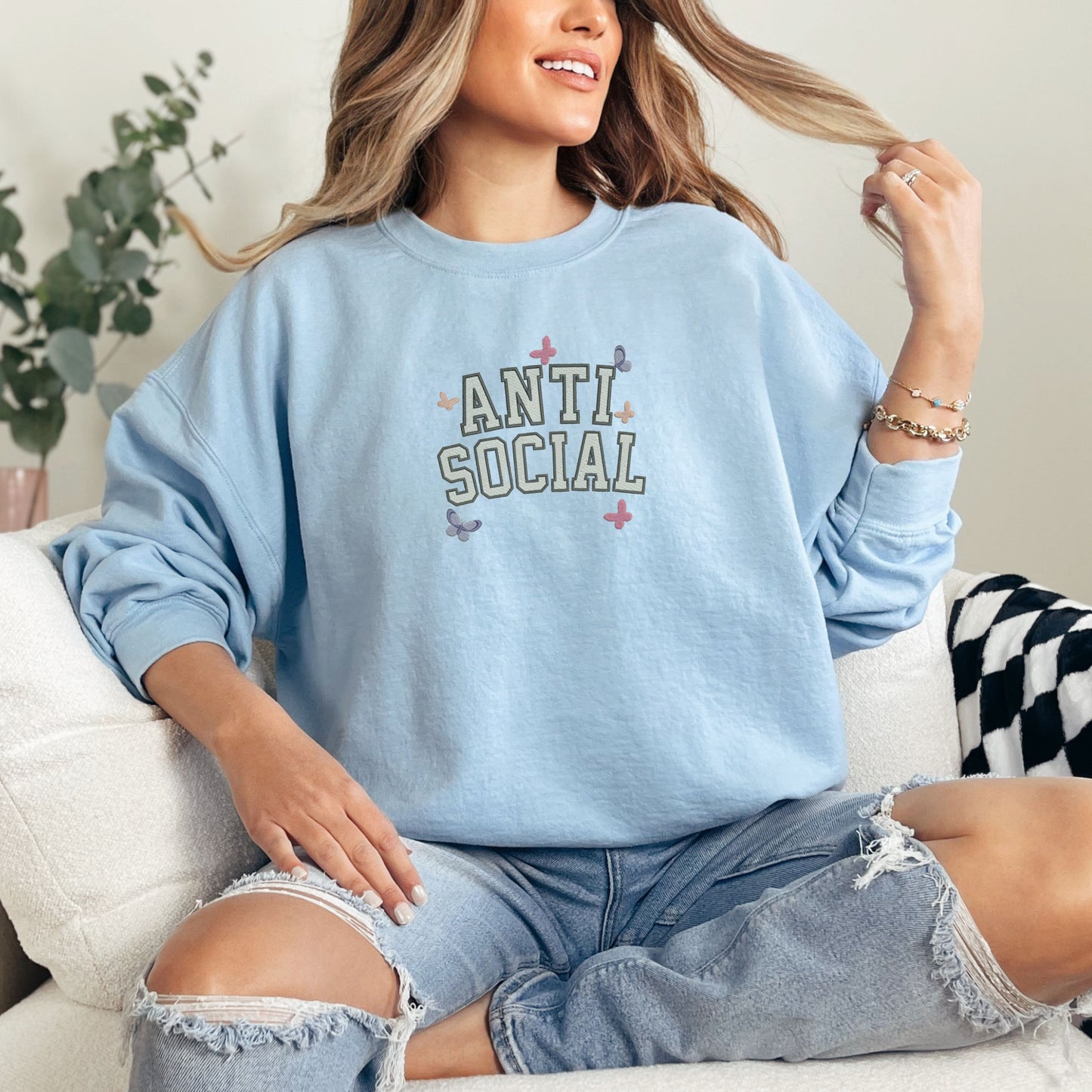 Anti Social Embroidery Light Blue Sweatshirt