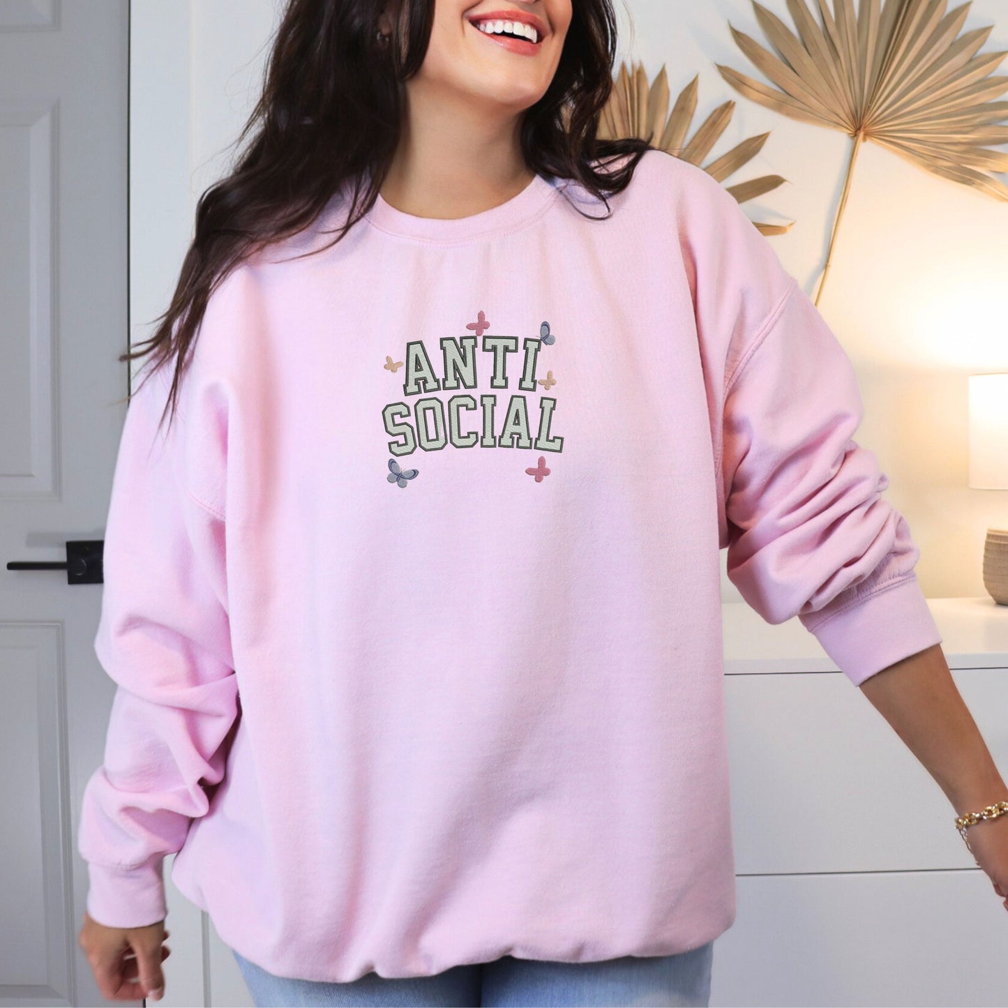 Anti Social Embroidery Light Pink Sweatshirt