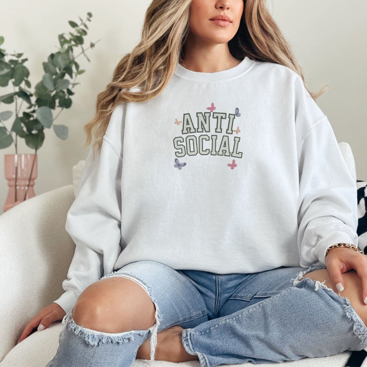Anti Social Embroidery White Sweatshirt