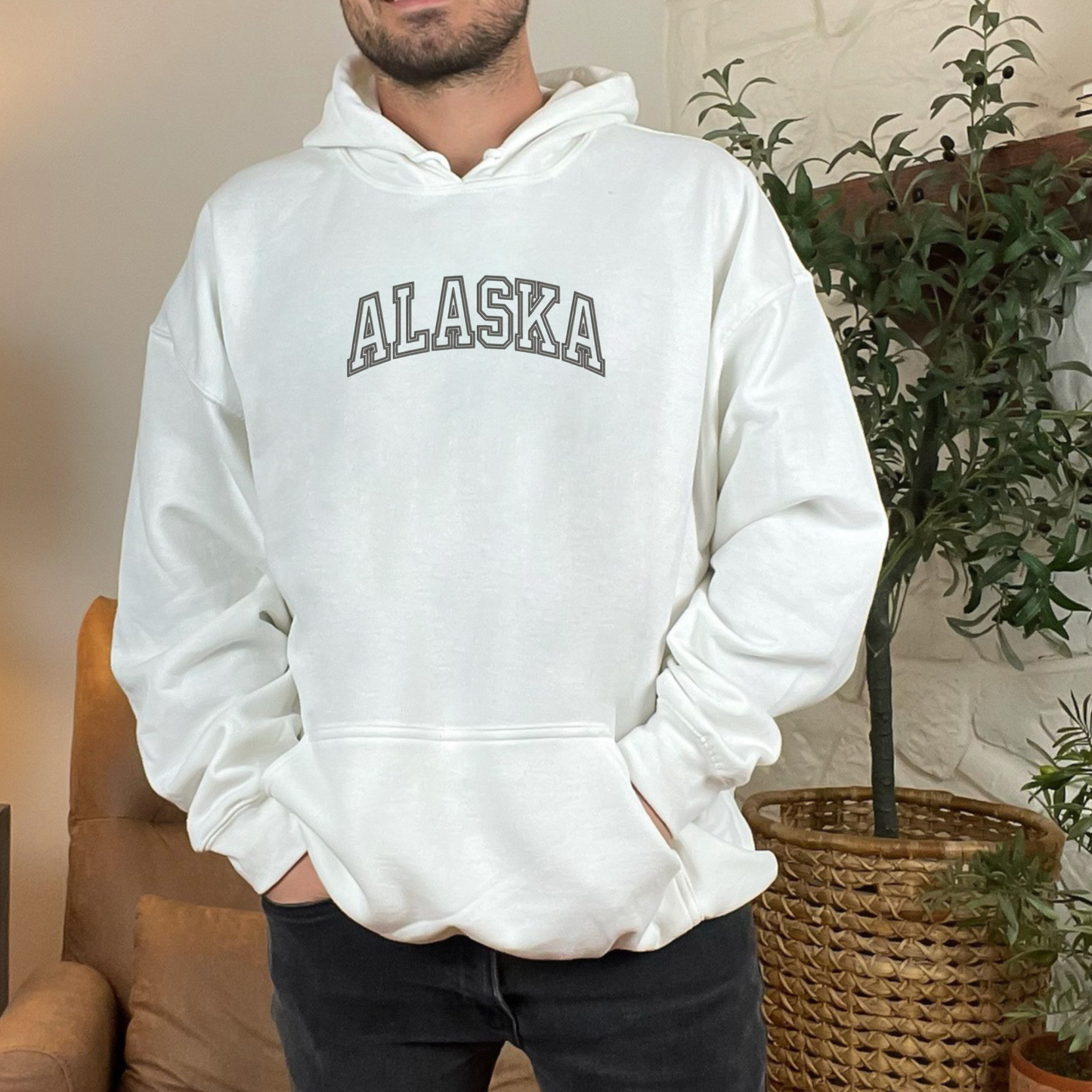 Alasaka Text Mens White Hoodie
