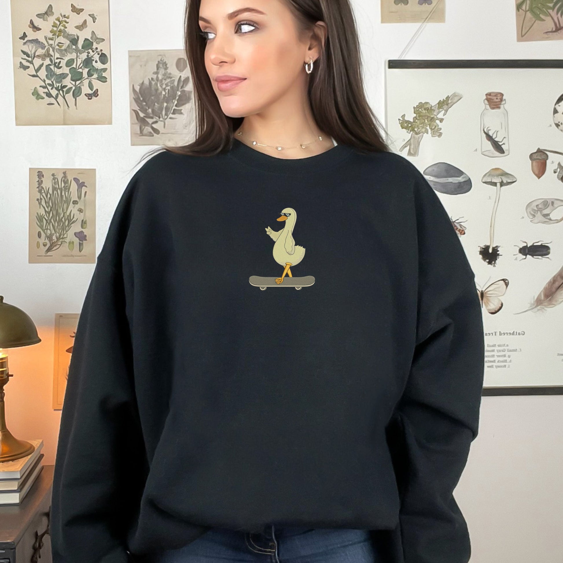 Duck Skateboard Black Womens Sweatshirt