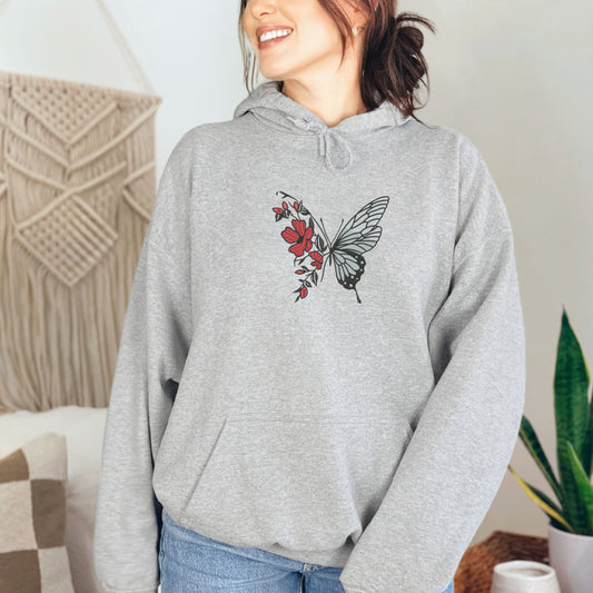 Half Butterfly Flowers Grey Hoodie