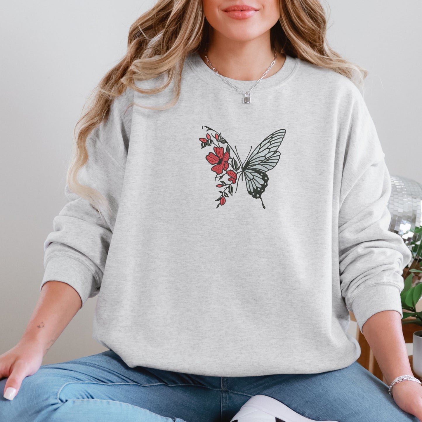 Half Butterfly Flowers Light Grey Sweatshirt