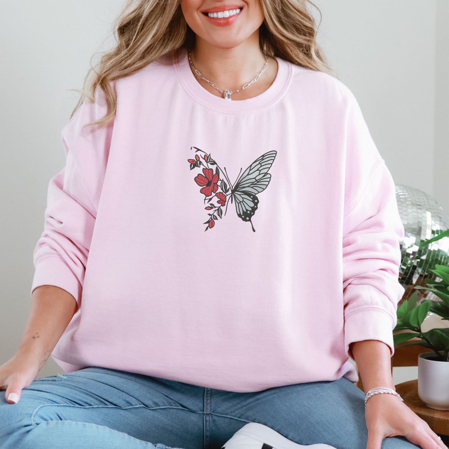 Half Butterfly Flowers Light Pink Sweatshirt